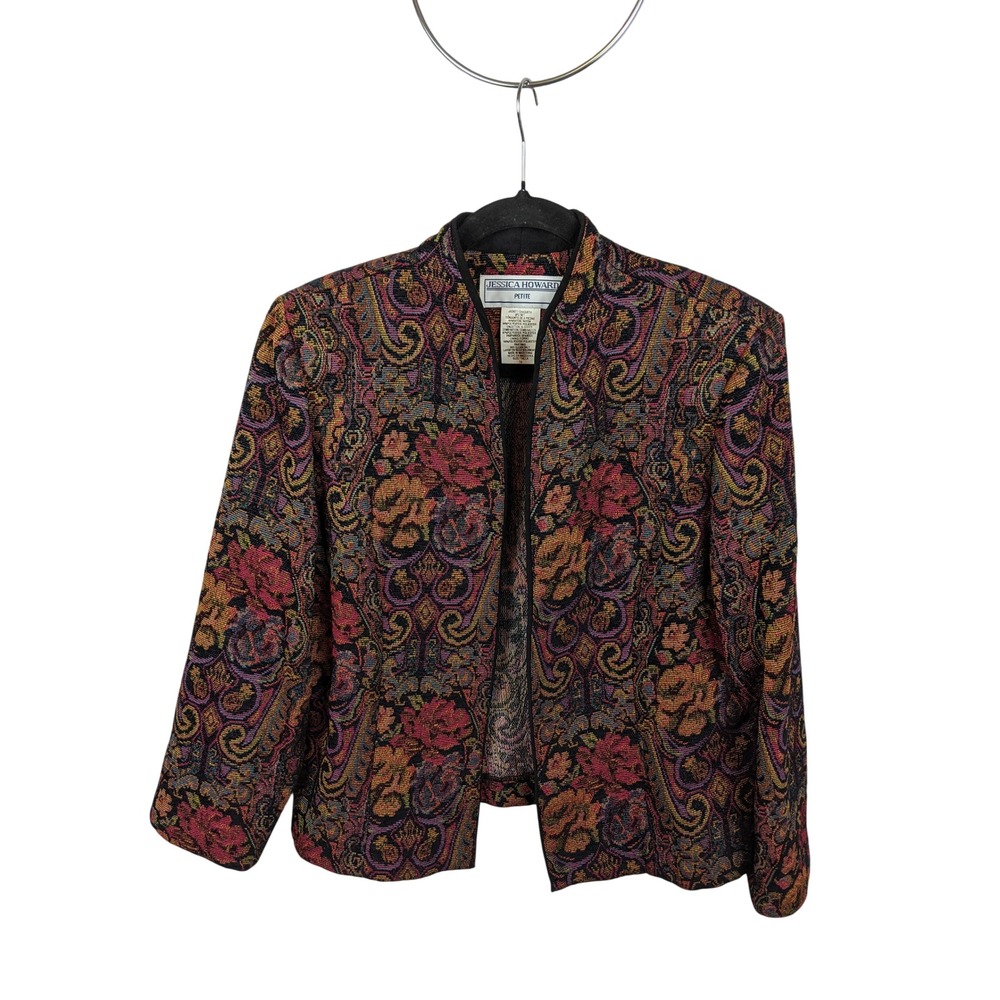 Jessica Howard Petite 14 Vintage Tapestry Paisley Floral Open Front Jacket Multi